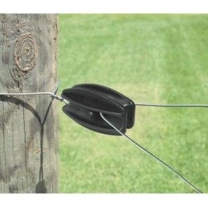 Durable plastic electric fence strainer insulator for high tension wire at a corner post