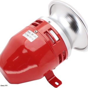 An industrial red electric motor alarm siren