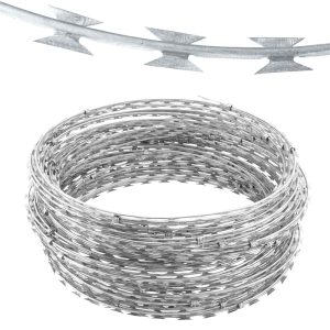 Galvanized steel concertina razor wire coil for high security fencing.